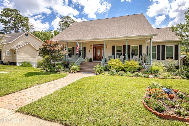 view of front of house with covered porch and a front yard