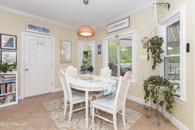 tiled dining space with crown molding