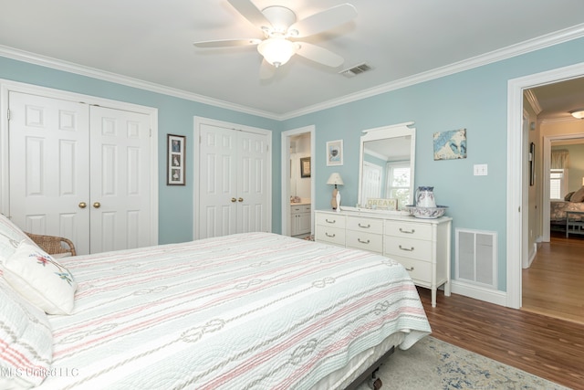 bedroom with dark wood-type flooring, ceiling fan, multiple closets, and ornamental molding