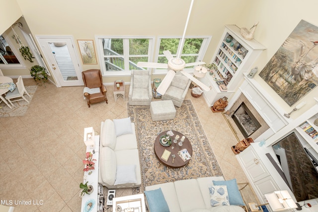 living room with a premium fireplace