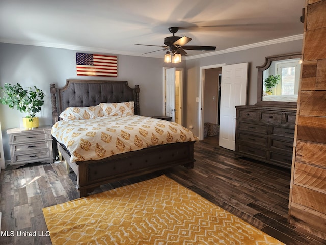 bedroom with ceiling fan, ornamental molding, and dark hardwood / wood-style floors