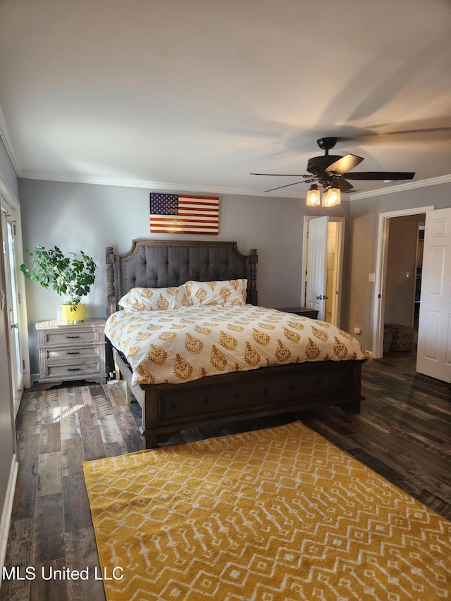 unfurnished bedroom with ceiling fan, ornamental molding, and dark hardwood / wood-style floors