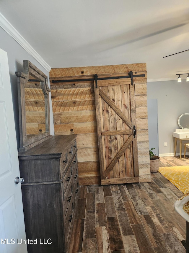 details featuring ornamental molding and a barn door