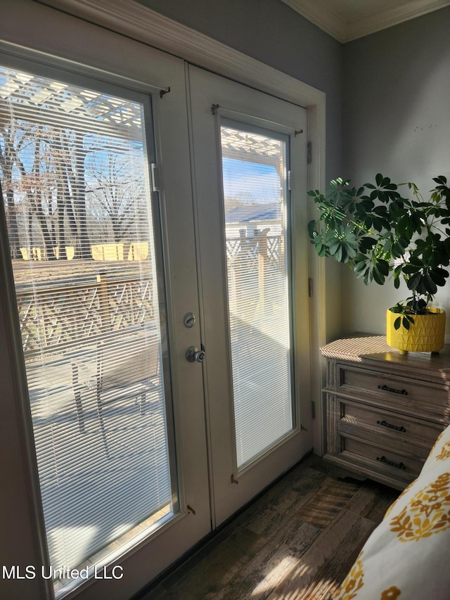 entryway with french doors, ornamental molding, and plenty of natural light