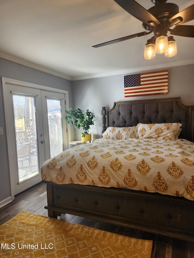 bedroom with crown molding, ceiling fan, access to exterior, hardwood / wood-style floors, and french doors