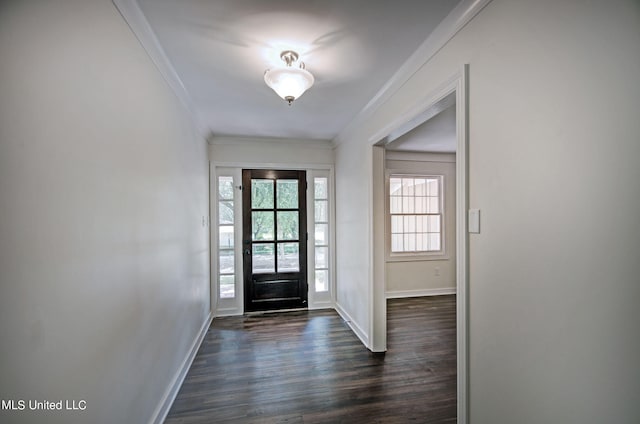 entryway with ornamental molding and dark wood-type flooring