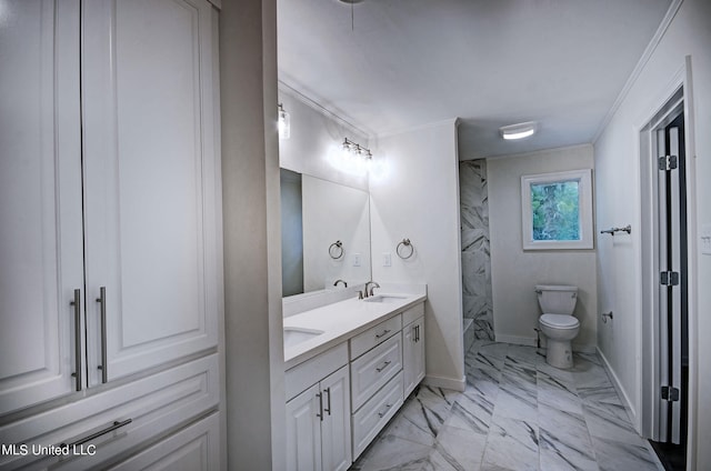 bathroom with toilet, ornamental molding, and vanity