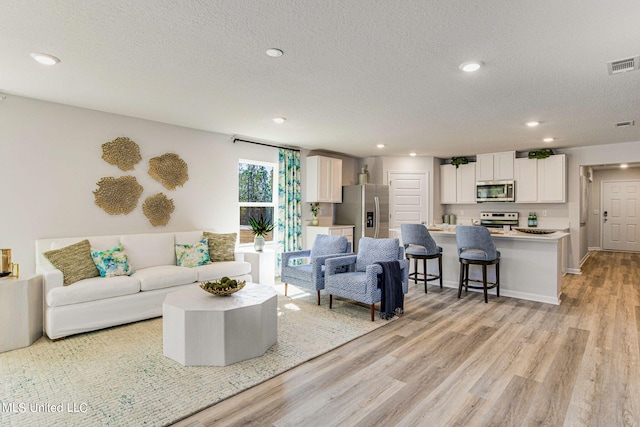 living room featuring light hardwood / wood-style flooring and a textured ceiling