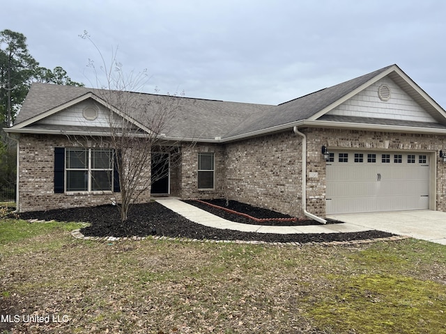 ranch-style home featuring brick siding, a garage, driveway, and roof with shingles