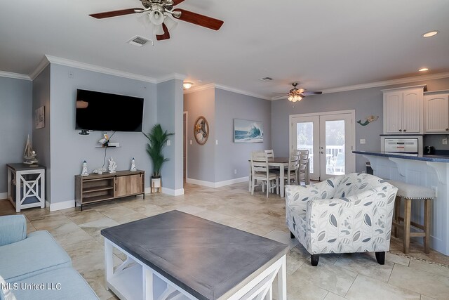 112 Vista Dr, Pass Christian, MS 39571 - living area with visible vents, crown molding, ceiling fan, and french doors