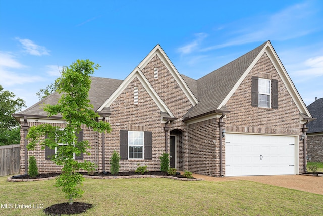 traditional-style house featuring brick siding, a shingled roof, driveway, and an attached garage