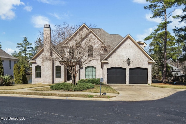 french provincial home with a garage, brick siding, driveway, and a chimney