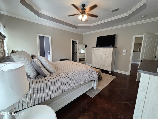 305 Flagstone Dr, Brandon, MS 39042 - bedroom with a tray ceiling, ornamental molding, ceiling fan, and ensuite bath