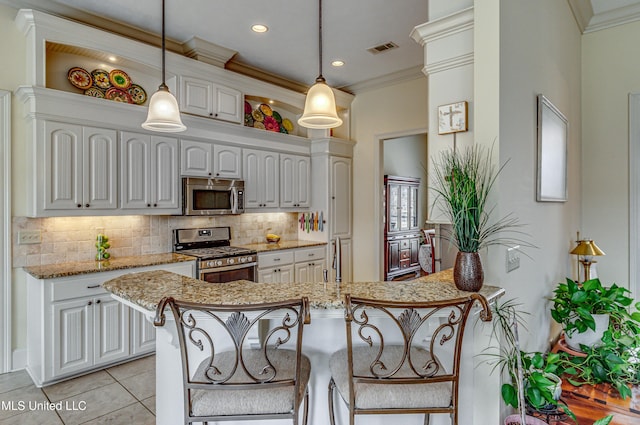 kitchen featuring tasteful backsplash, visible vents, stainless steel appliances, crown molding, and light tile patterned flooring