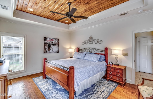 bedroom featuring wood ceiling, visible vents, a raised ceiling, and ornamental molding