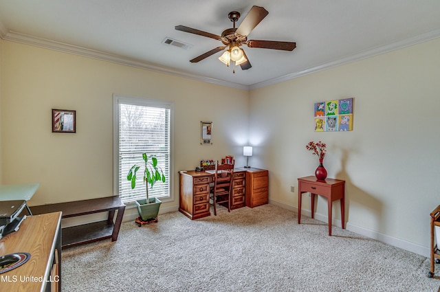 office area with carpet floors, baseboards, visible vents, and ornamental molding