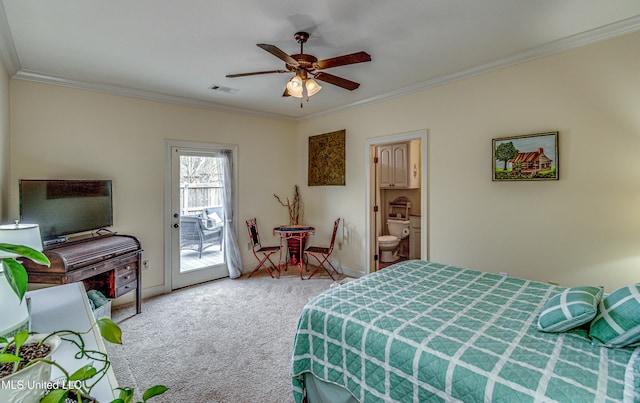 bedroom with carpet floors, access to outside, visible vents, and crown molding