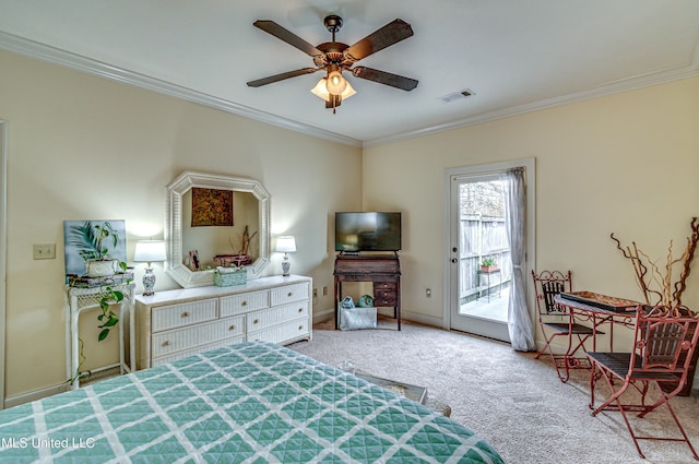 bedroom with crown molding, carpet floors, visible vents, and access to exterior