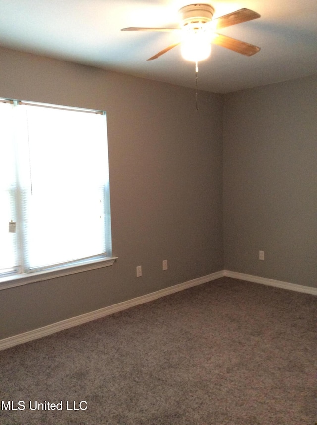 empty room featuring ceiling fan and carpet