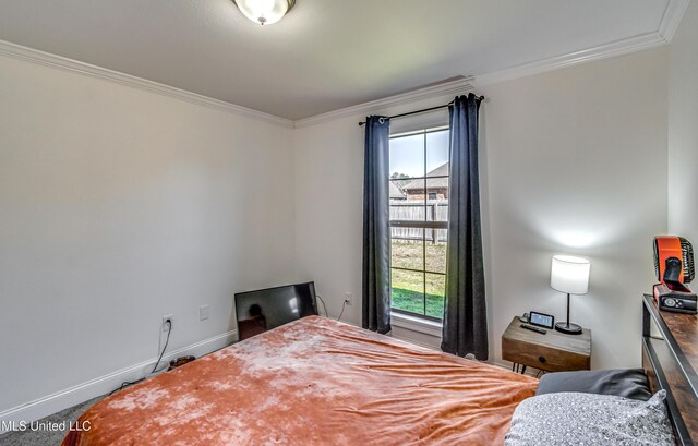 bedroom with crown molding, multiple windows, and baseboards