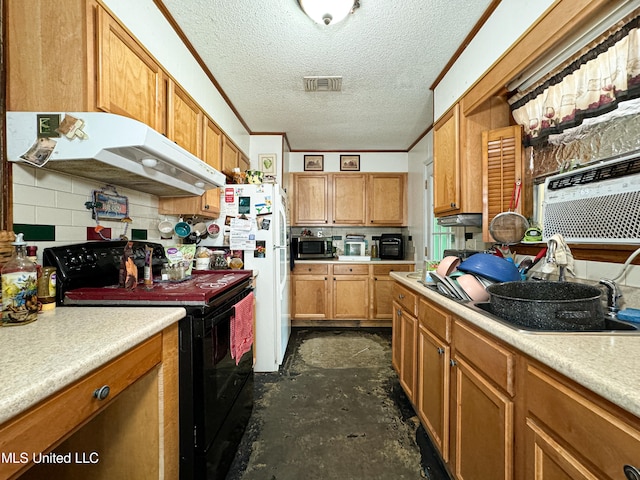 kitchen with ventilation hood, a textured ceiling, electric range, and ornamental molding