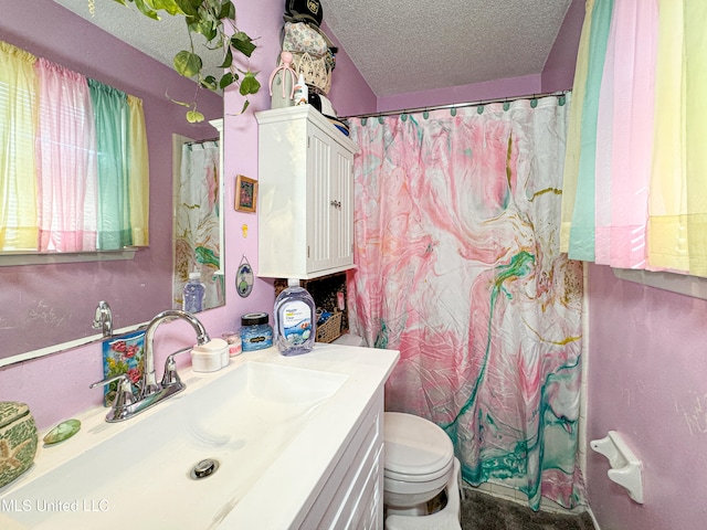 bathroom featuring vanity, a textured ceiling, and toilet