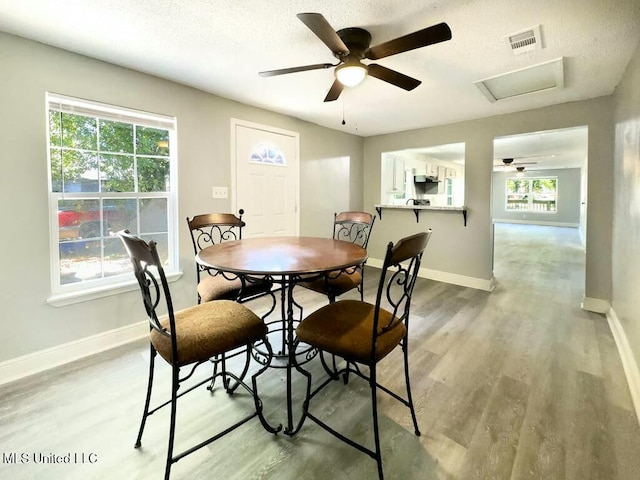 dining space featuring ceiling fan, a textured ceiling, and hardwood / wood-style flooring