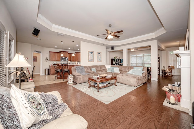living area featuring ceiling fan, wood finished floors, ornamental molding, and a raised ceiling