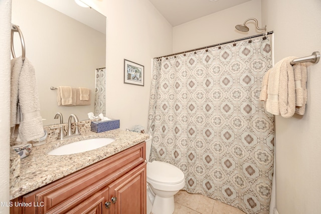 full bathroom featuring vanity, toilet, tile patterned flooring, and a shower with shower curtain