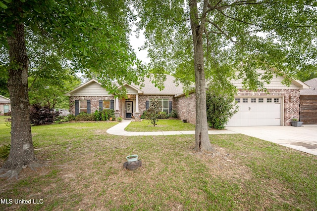 ranch-style home featuring an attached garage, driveway, a front lawn, and brick siding