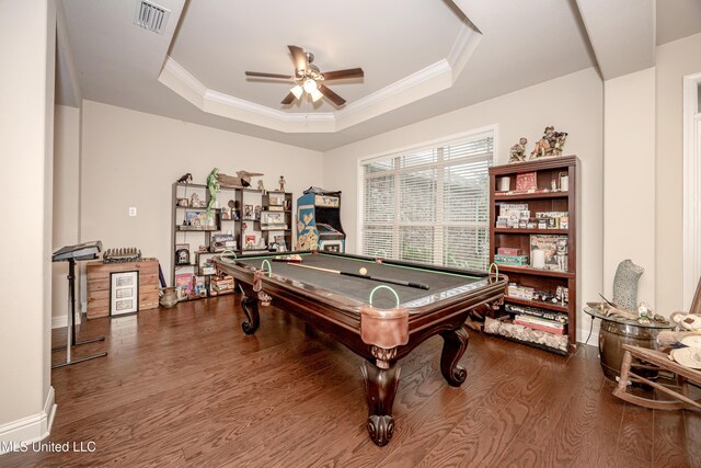 playroom featuring a ceiling fan, wood finished floors, billiards, ornamental molding, and visible vents