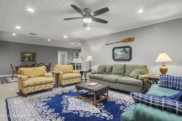 living room featuring wood ceiling and ceiling fan