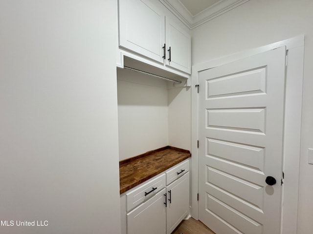 mudroom featuring crown molding