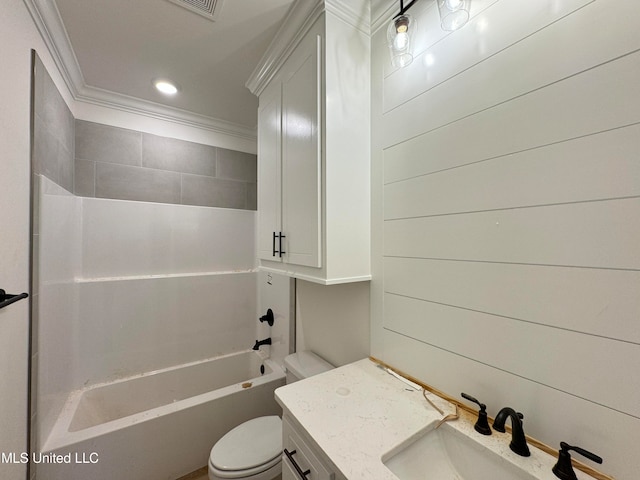 full bathroom featuring vanity, crown molding, toilet, and shower / bath combination