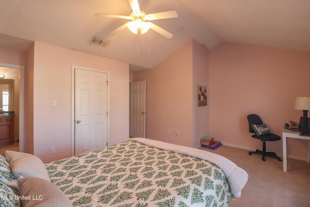 bedroom featuring ceiling fan, lofted ceiling, and light carpet