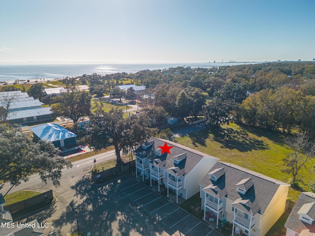 drone / aerial view featuring a water view