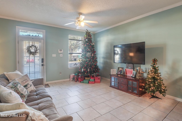 tiled living room with ceiling fan, crown molding, and a textured ceiling