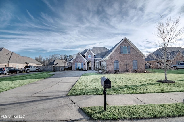 traditional-style home featuring driveway, brick siding, a front yard, and fence