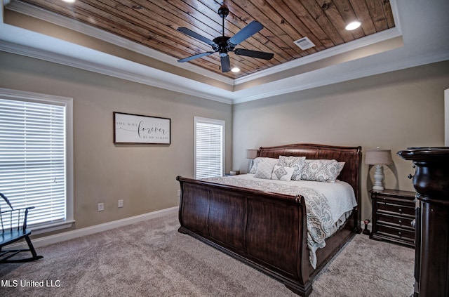 bedroom featuring wood ceiling, a tray ceiling, visible vents, and ornamental molding