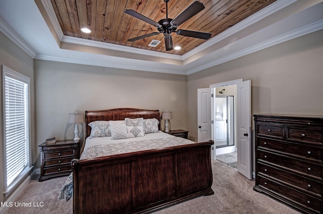 bedroom featuring visible vents, crown molding, light carpet, wooden ceiling, and a raised ceiling