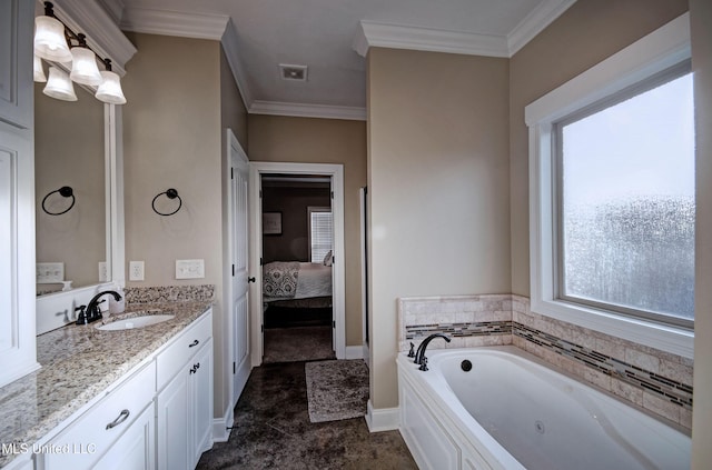 bathroom featuring vanity, visible vents, a whirlpool tub, ensuite bathroom, and crown molding