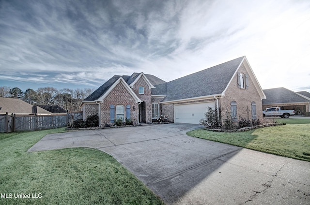 view of front facade featuring a front lawn, concrete driveway, fence, and brick siding