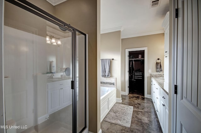 full bathroom featuring visible vents, a stall shower, crown molding, a bath, and vanity