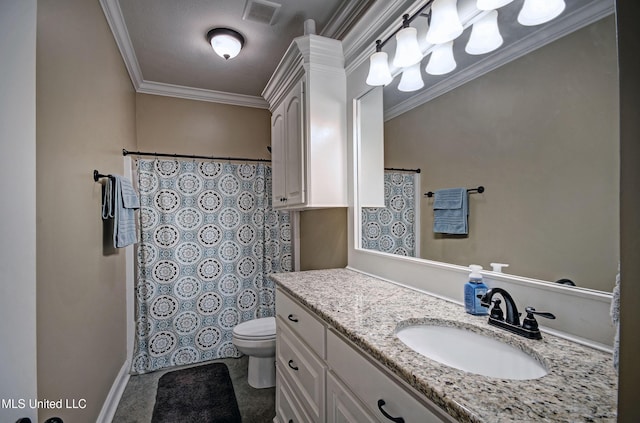 full bathroom with visible vents, vanity, toilet, and crown molding