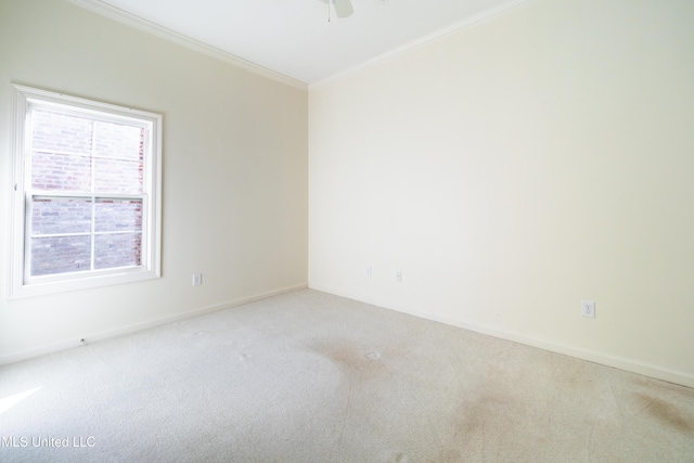 carpeted spare room featuring baseboards, a ceiling fan, and crown molding