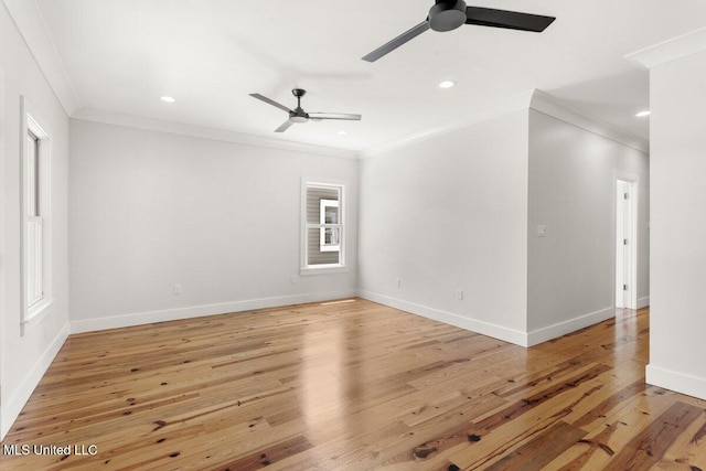 1309 Bowen Ave, Ocean Springs, MS 39564 - empty room with ornamental molding, a ceiling fan, light wood-type flooring, recessed lighting, and baseboards
