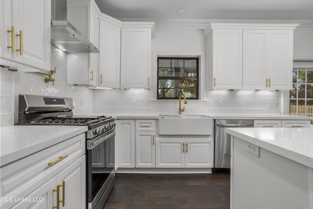 kitchen featuring sink, white cabinets, stainless steel appliances, and wall chimney range hood