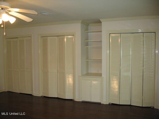 unfurnished bedroom with ornamental molding, dark hardwood / wood-style floors, two closets, and ceiling fan