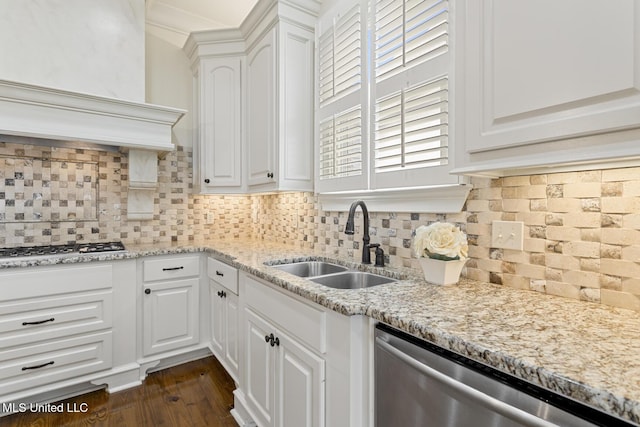 117 Belle Ct, Madison, MS 39110 - kitchen with stainless steel appliances, premium range hood, white cabinets, decorative backsplash, and light stone counters