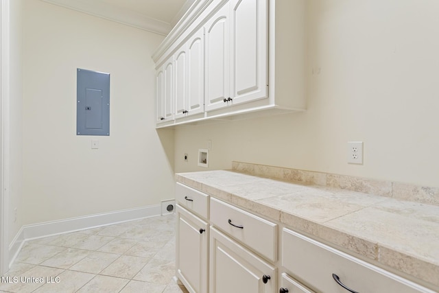 117 Belle Ct, Madison, MS 39110 - washroom featuring electric panel, electric dryer hookup, cabinet space, hookup for a washing machine, and crown molding